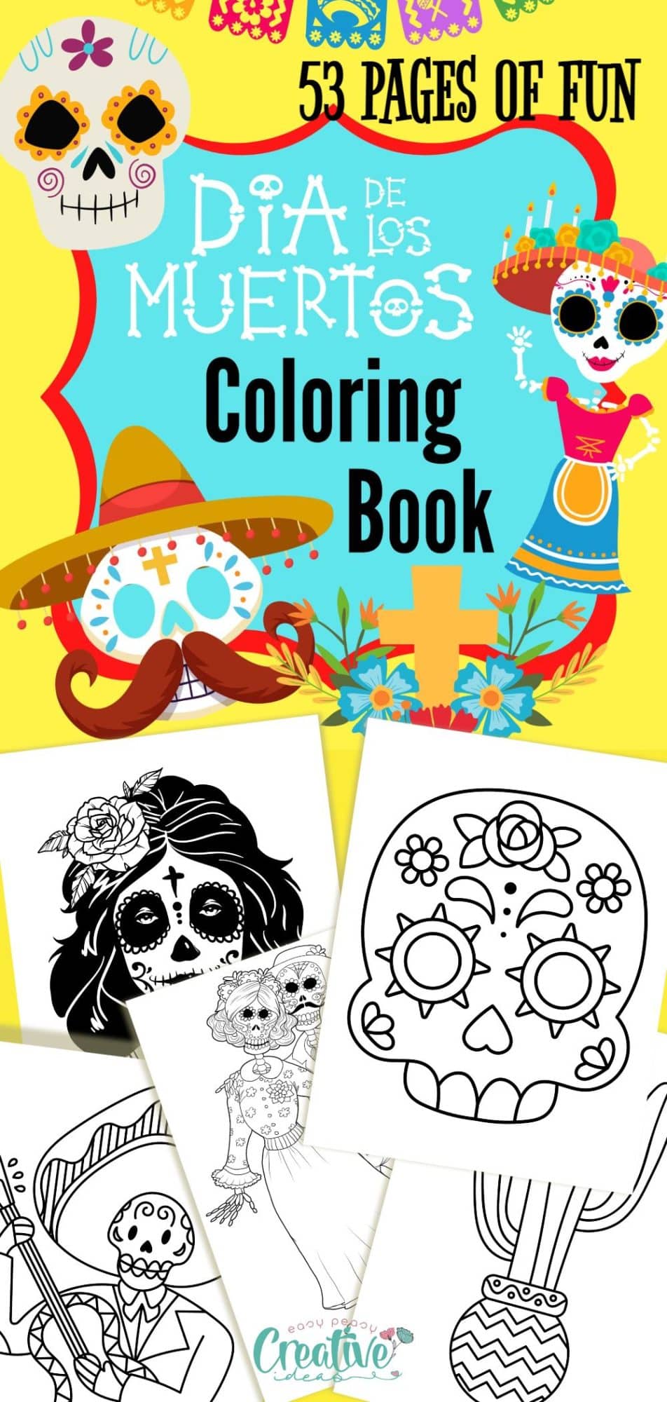 Photo collage of a few drawings from a Day of the dead coloring pages book