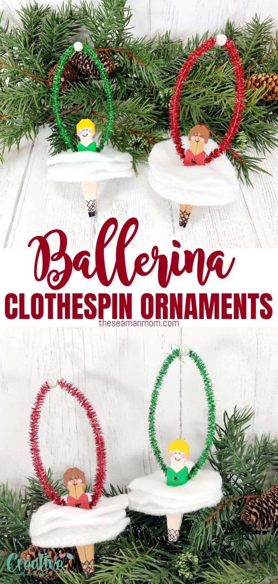 DIY clothespin Ballerina Christmas ornaments in a Christmas tree