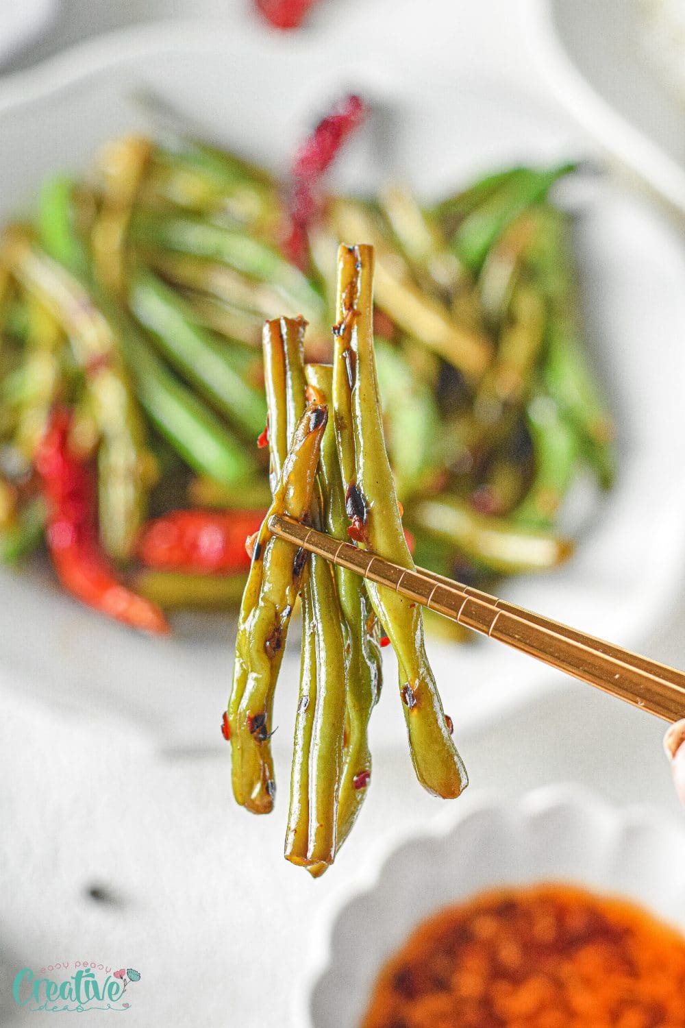 Close up image of green beans recipe Asian style