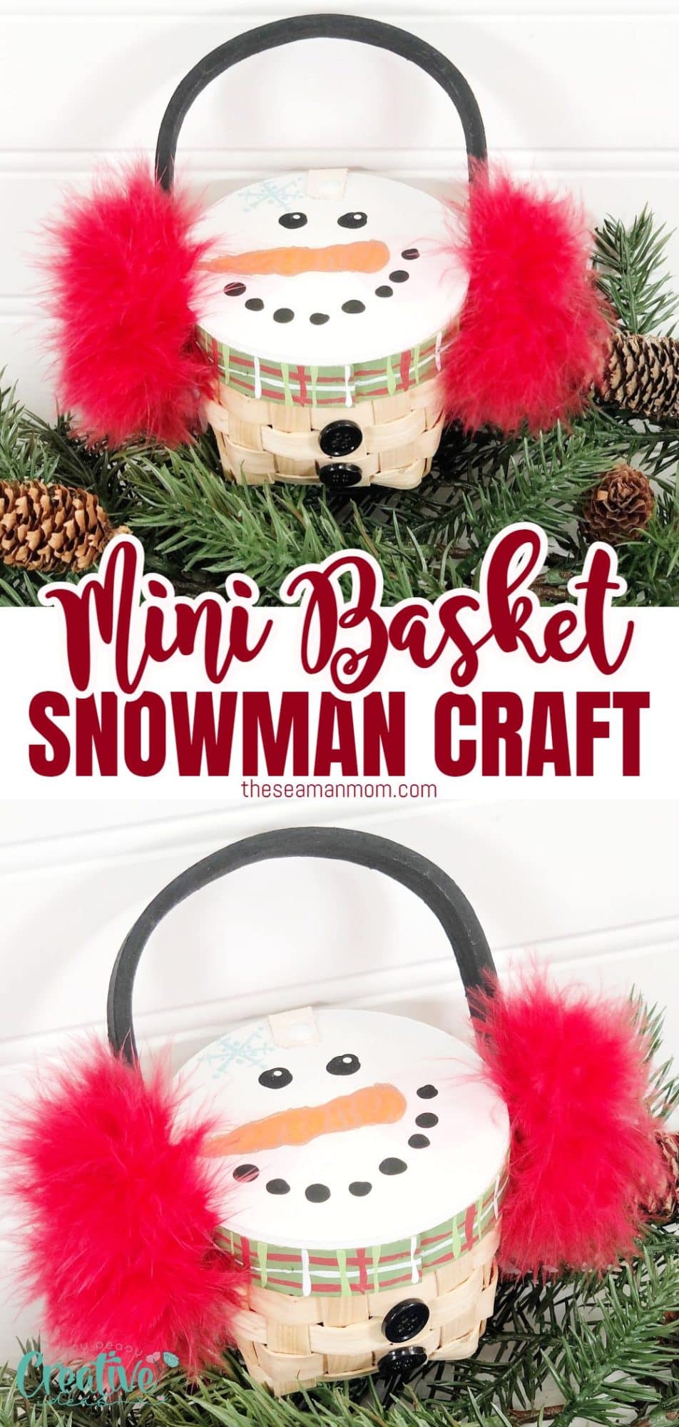 Photo collage of mini basket snowman craft