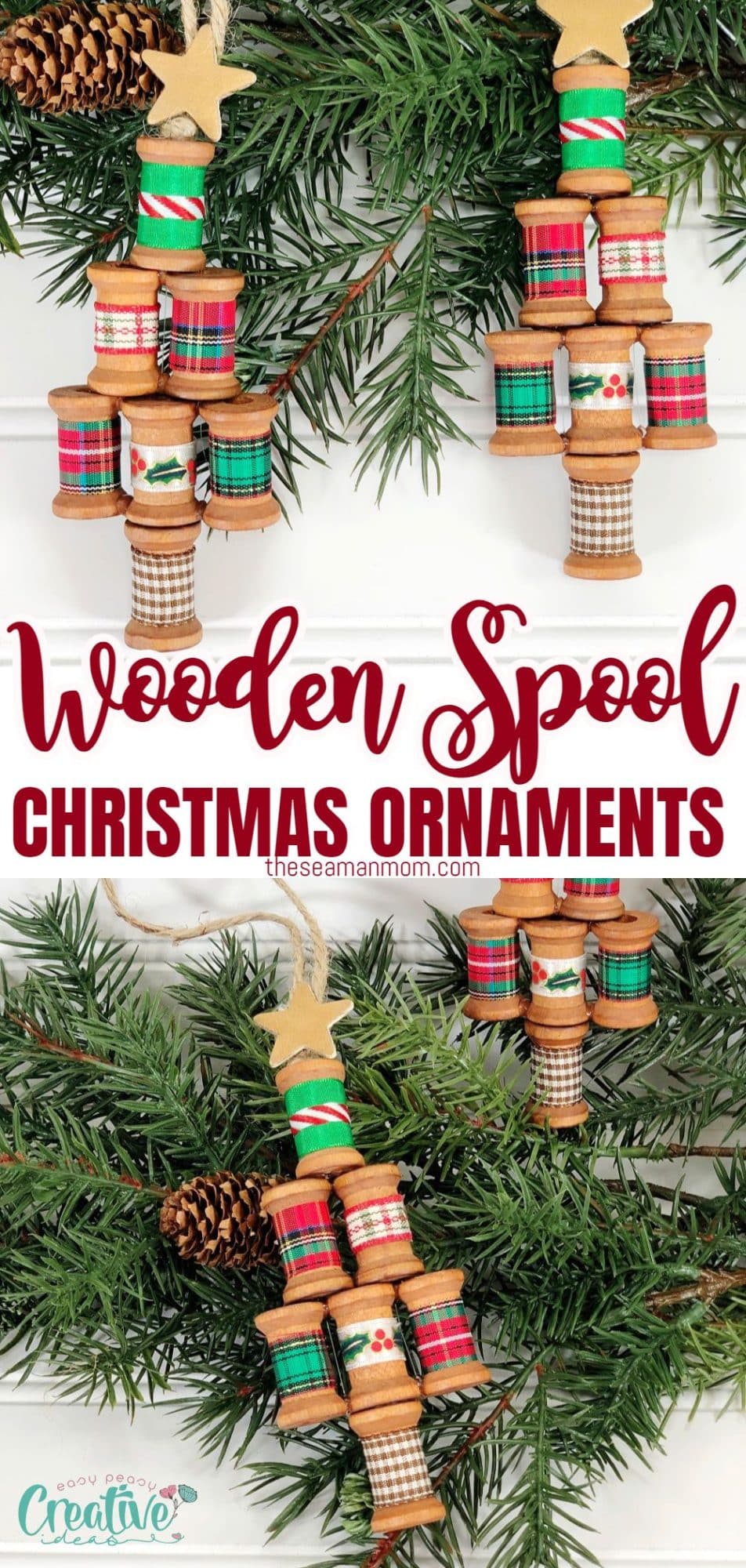 Photo collage of wooden spool Christmas ornaments in a Christmas tree
