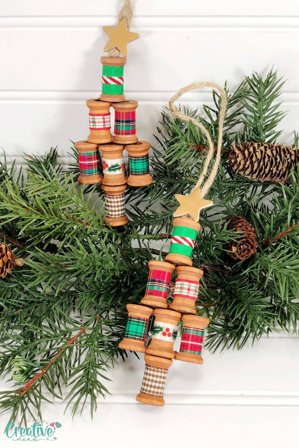 Wooden spool ornaments in a Christmas tree