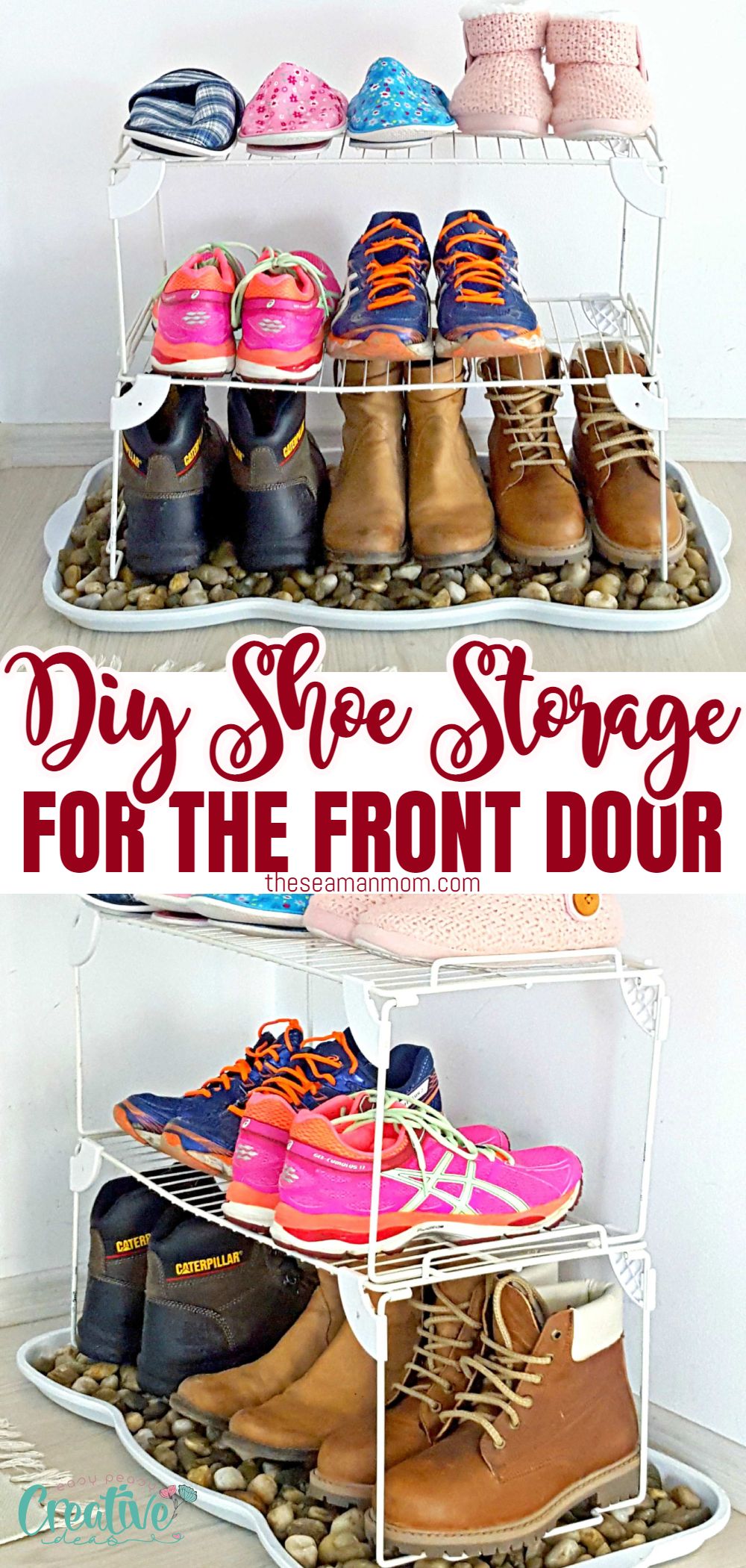 Transform your entryway with this DIY shoe storage idea! Easily make a shoe rack for snowy boots using an old boot tray and get the perfect front-door shoe storage solution today! via @petroneagu