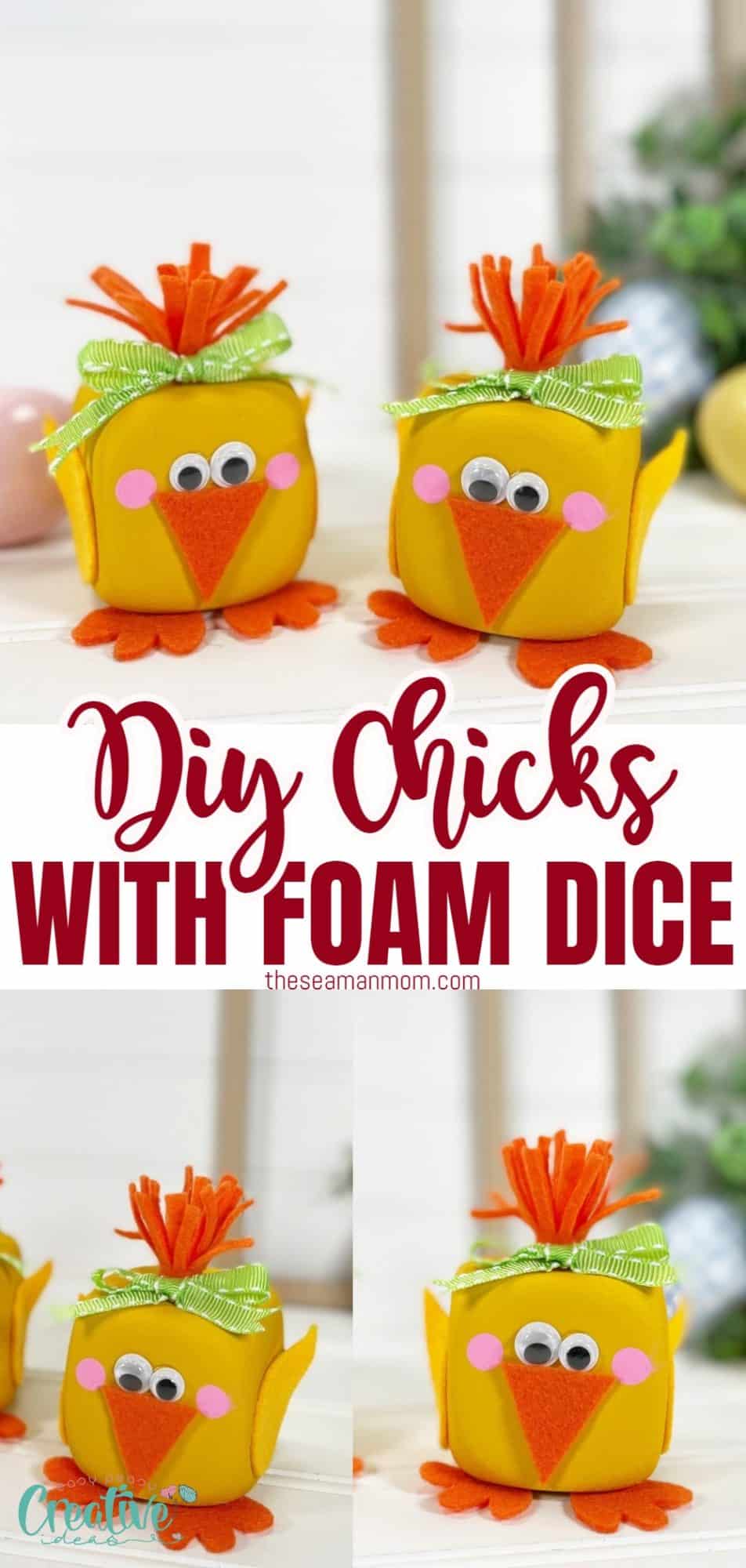 Photo collage of chick craft for Easter made with foam dice