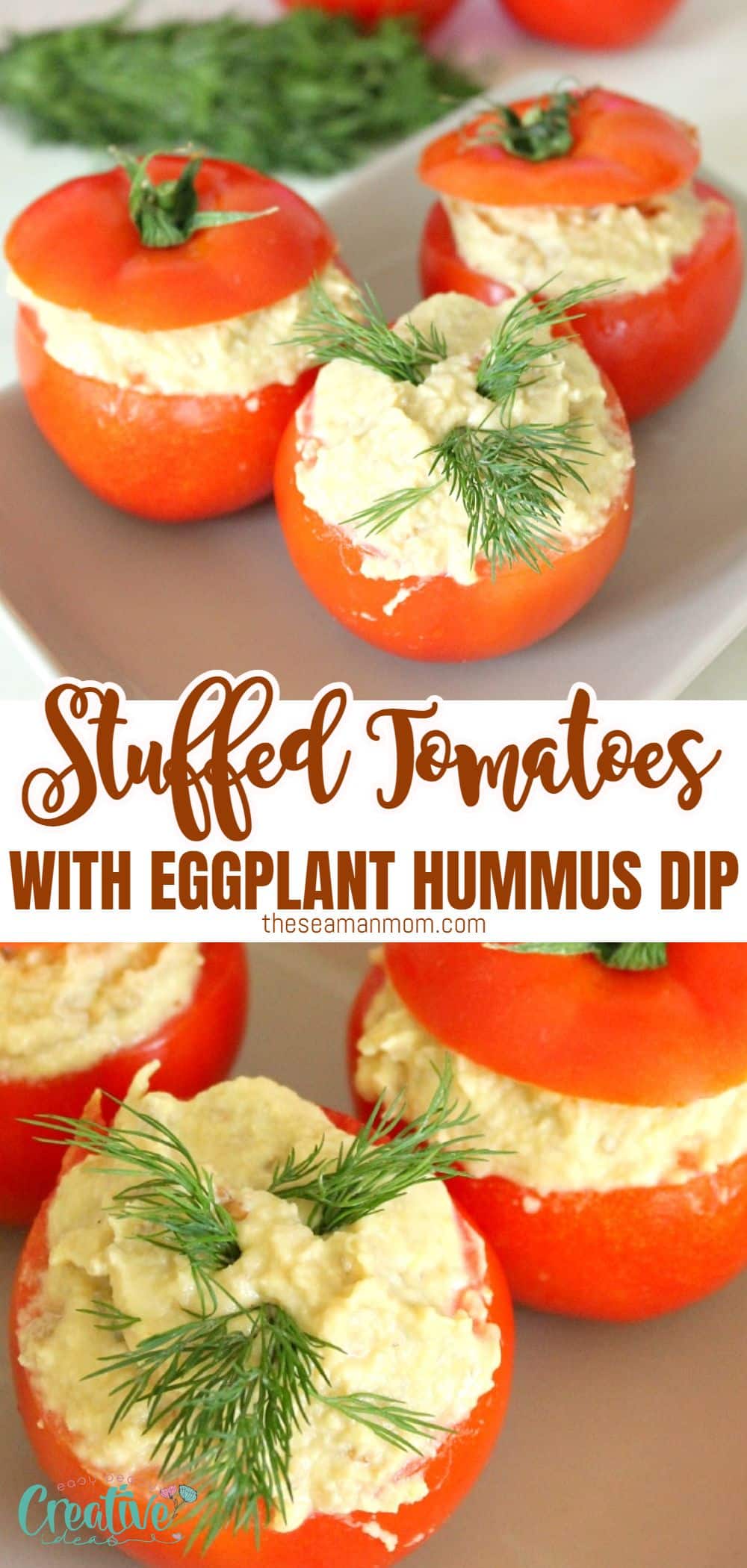 If you're searching for a filling and quick vegetarian snack or a simple yet fancy appetizer, give this delectable recipe for stuffed tomatoes a try. The dish features delicious fresh tomatoes filled with eggplant and hummus dip, and your guests will undoubtedly be impressed! via @petroneagu
