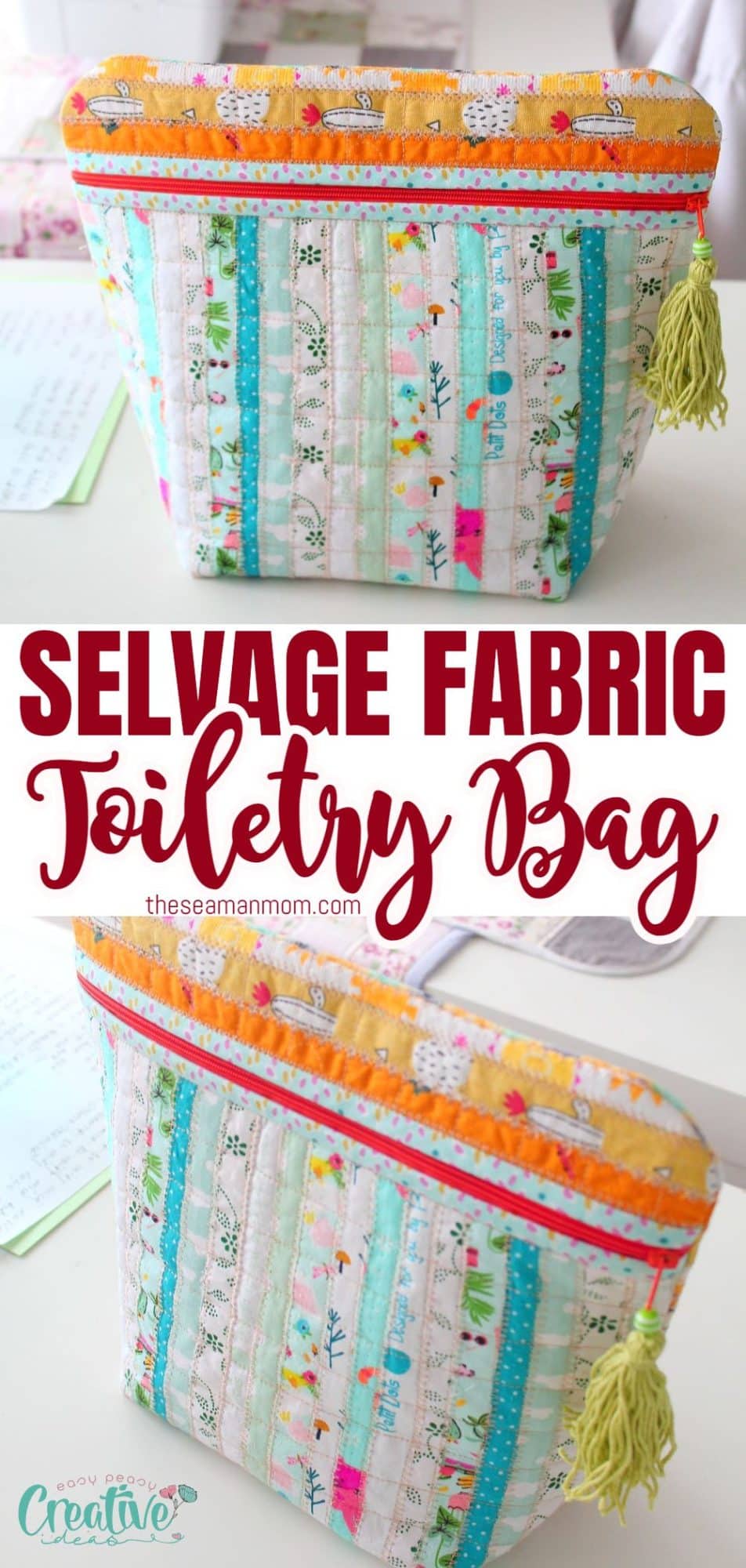 Quilted toiletry bag with selvage
