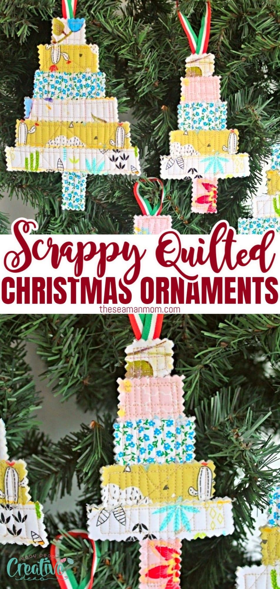 Quilted Christmas ornaments hanging in a Christmas tree