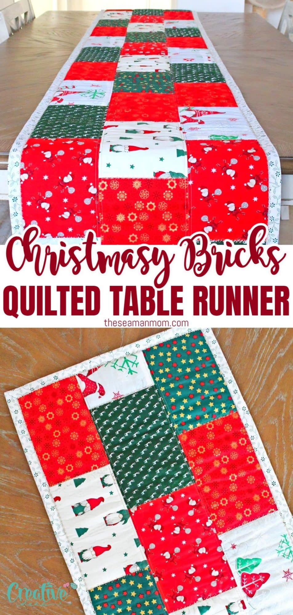 Quilted Christmas table runner on a brown table