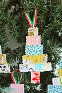 Quilted Christmas tree decorations in a tree