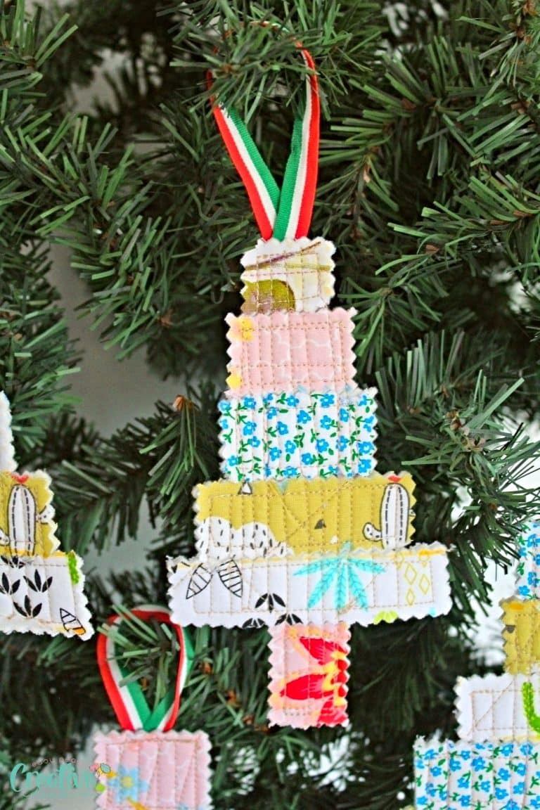 Quilted Christmas tree decorations in a tree