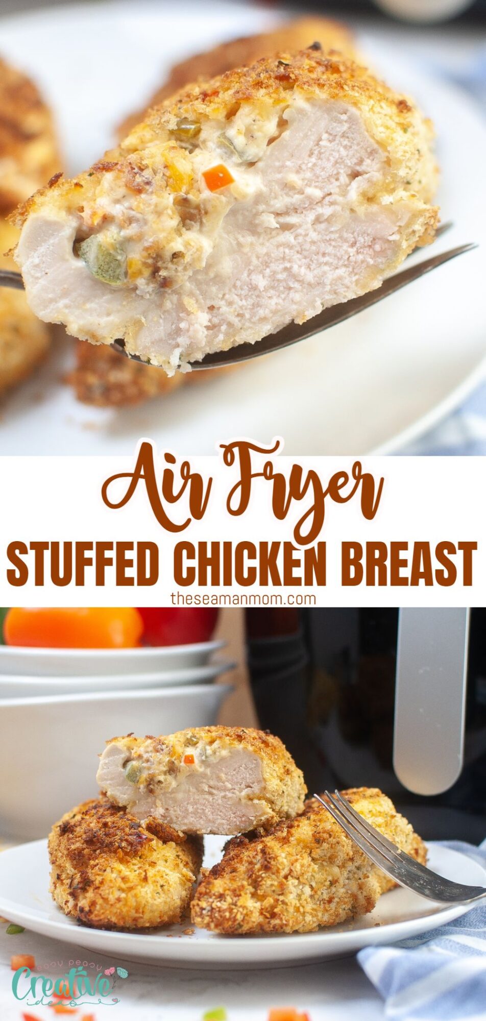 Delicious air fryer stuffed chicken breast, a perfect blend of juicy chicken, savory stuffing, and crispy coating.