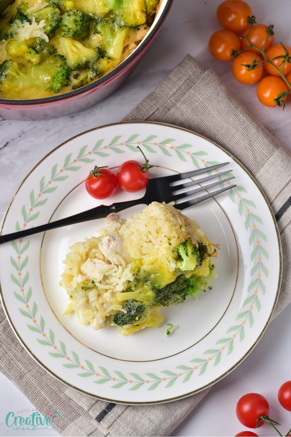 A delicious plate of cheesy chicken broccoli casserole, perfect for a comforting and flavorful meal.