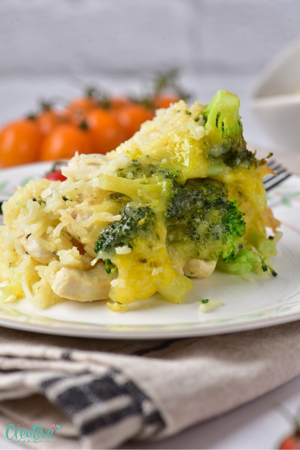 A plate of cheesy broccoli, rice and chicken casserole, a delicious and healthy dish.