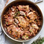 A delicious pan of Chicken thighs cooked in skillet with mushrooms, cooked to perfection.