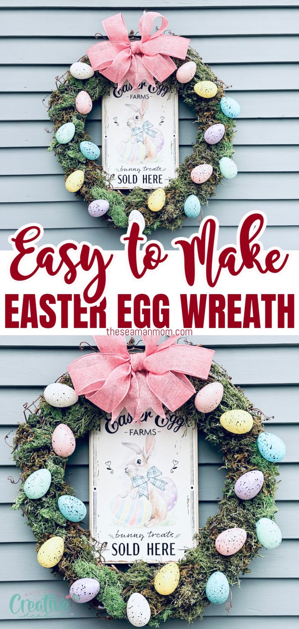 Vibrant DIY Easter egg wreath featuring eggs and a sign, a cheerful addition to your home décor.