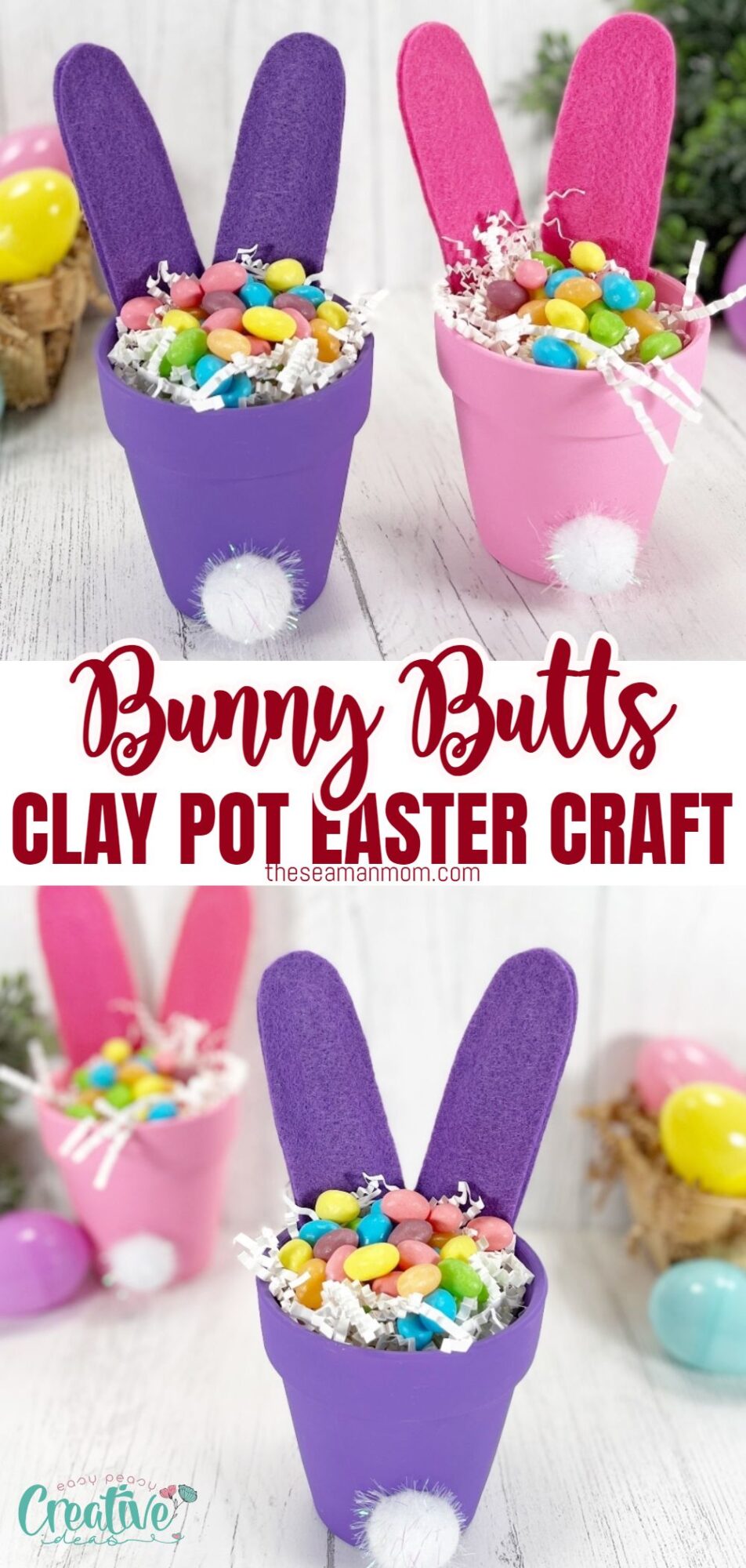 Easter bunny butts made of clay pots, a cute Easter craft idea.