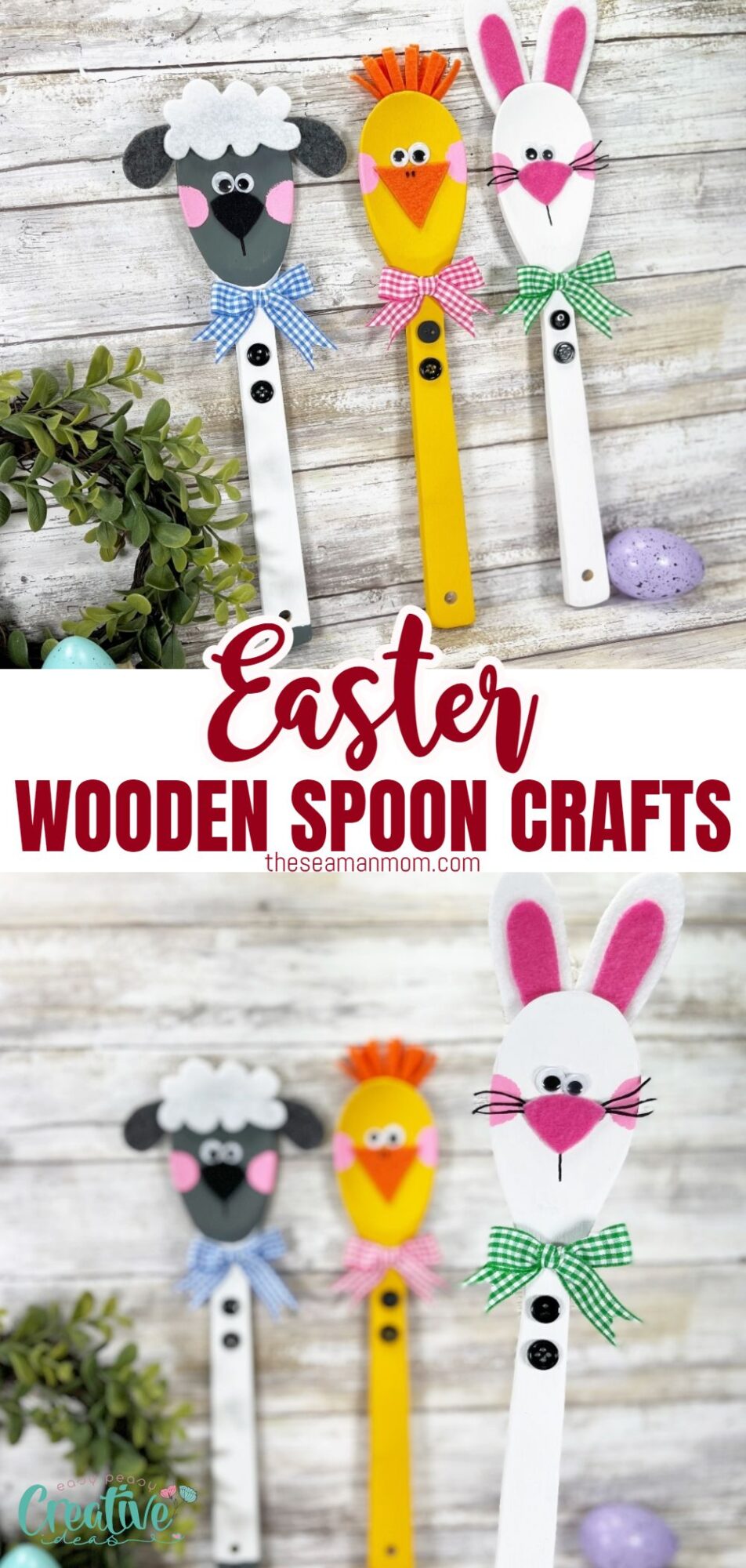 Easter-themed wooden spoons crafts with colorful decorations.