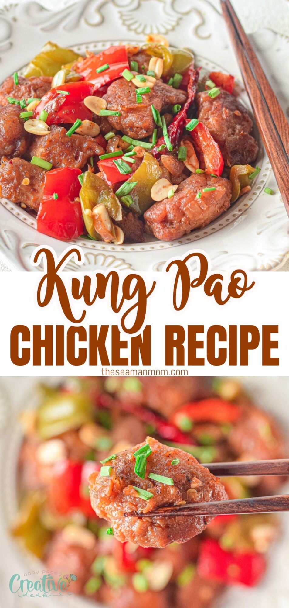 Delicious easy kung pao chicken with chopsticks and rice on a plate - a flavorful Chinese dish you can easily adjust to your taste preferences!