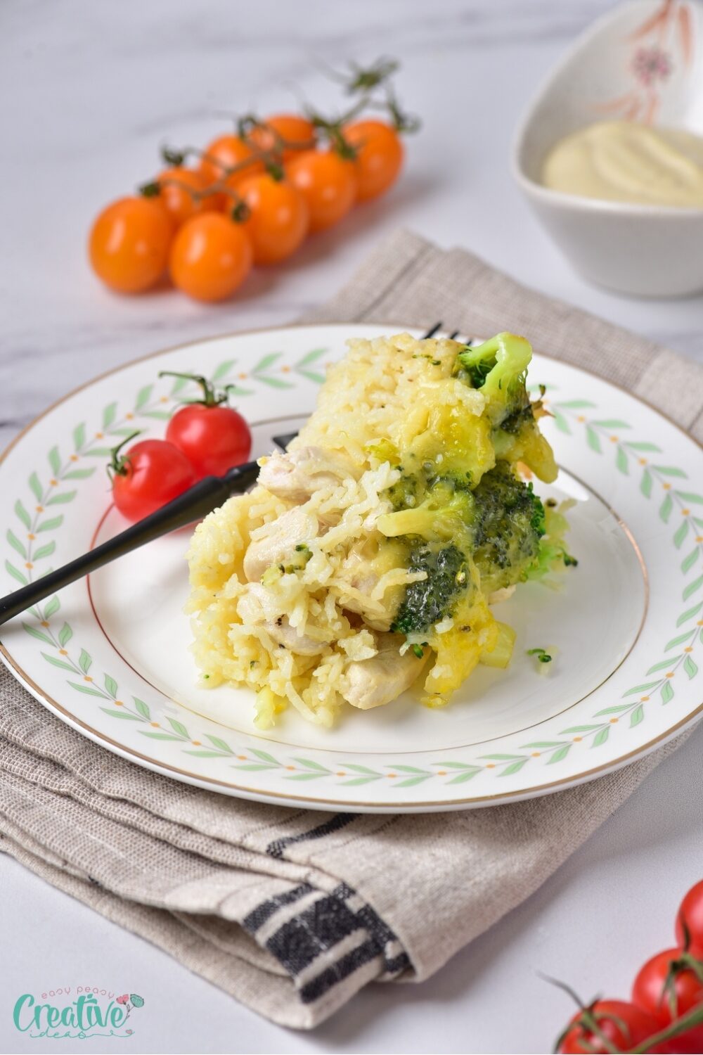 A plate with a delicious piece of easy chicken casserole on it, ready to be savored and enjoyed.