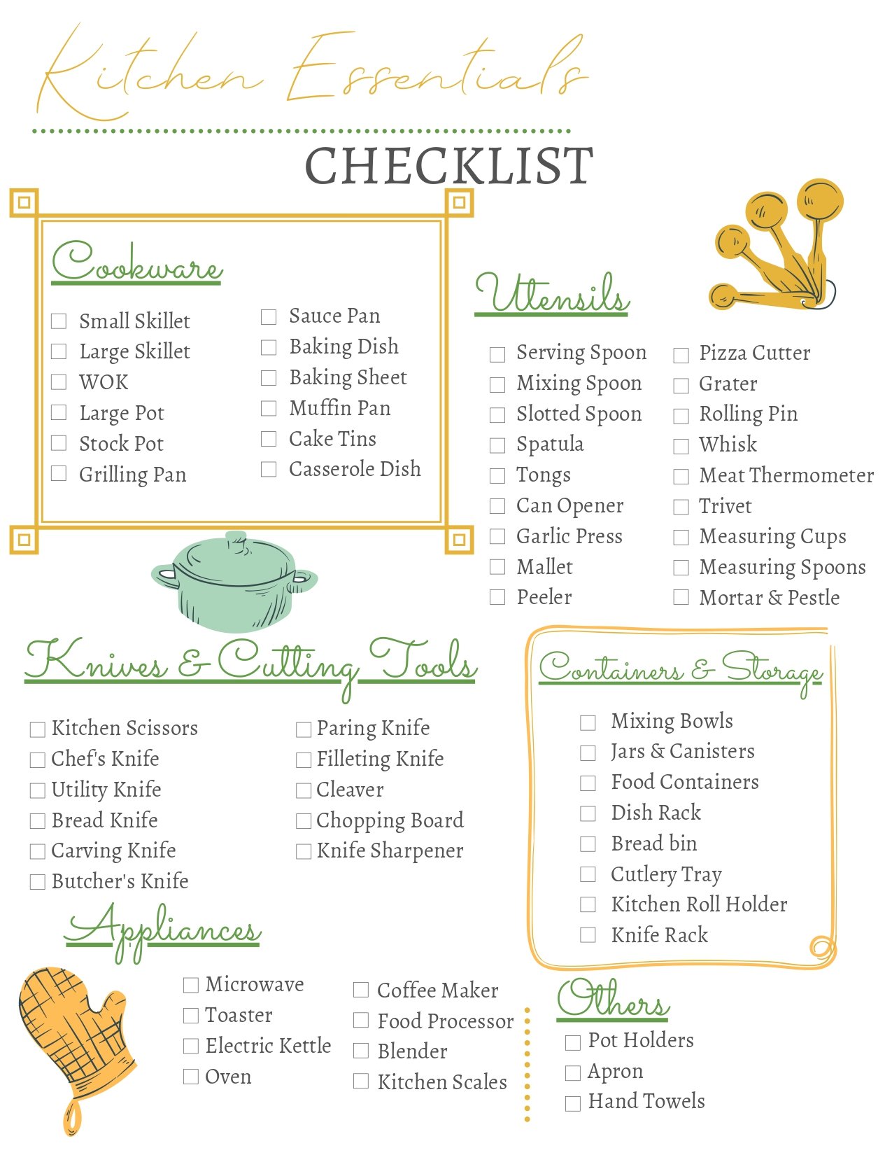 Printable kitchen essentials checklist