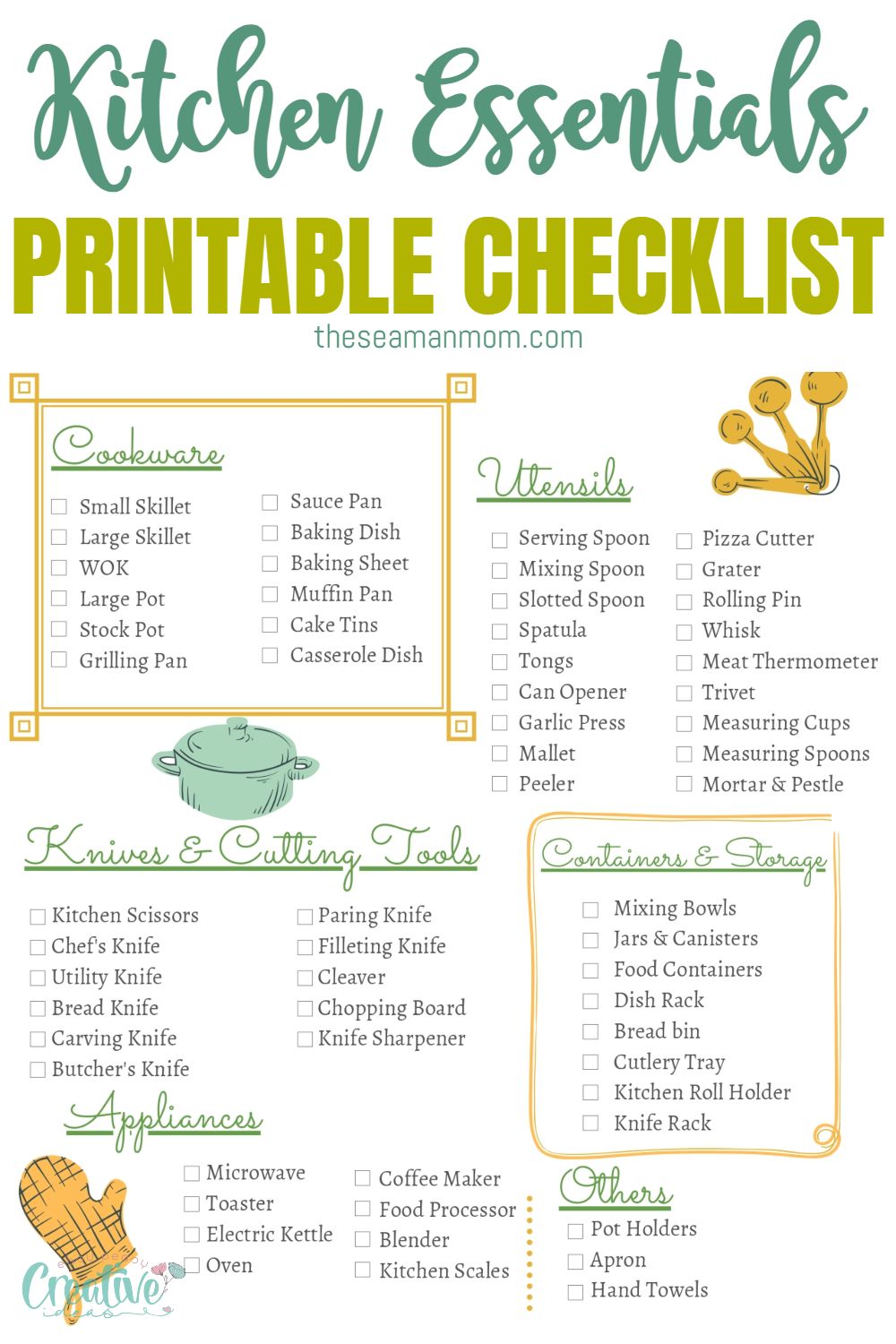 Printable kitchen essentials checklist of of must-have items for your convenience.