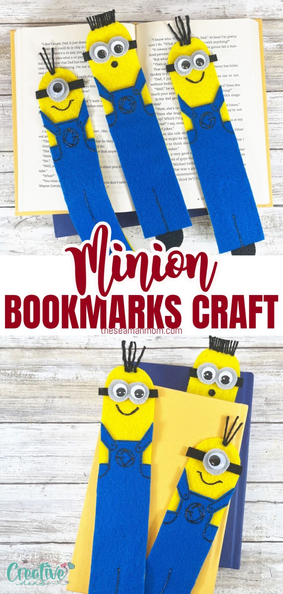 Three adorable minion bookmarks crafted with colorful paper and googly eyes. Perfect for marking your spot in your favorite books!