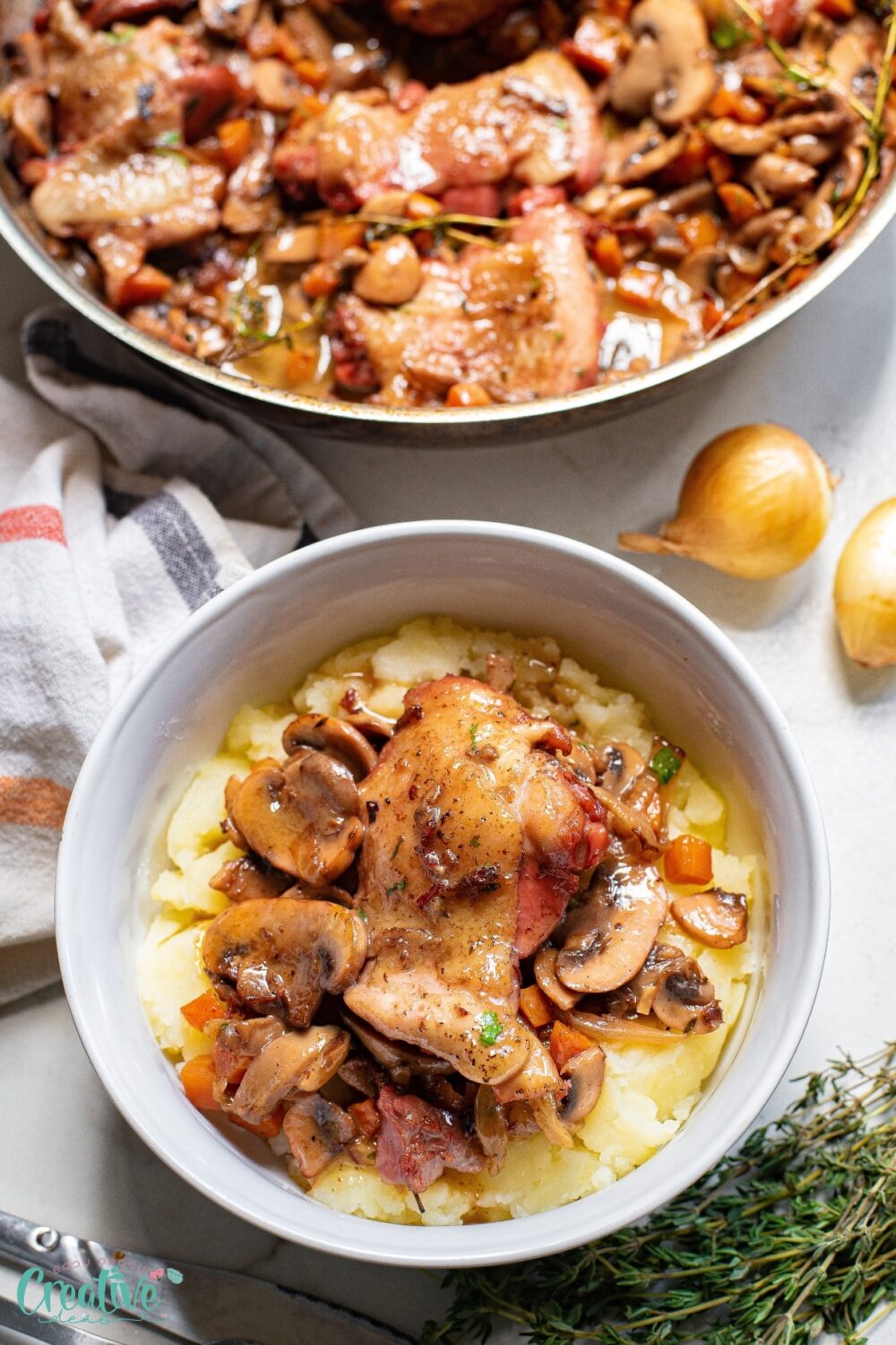 Skillet chicken thighs recipe with mushrooms and onions - a delicious and savory meal cooked to perfection.
