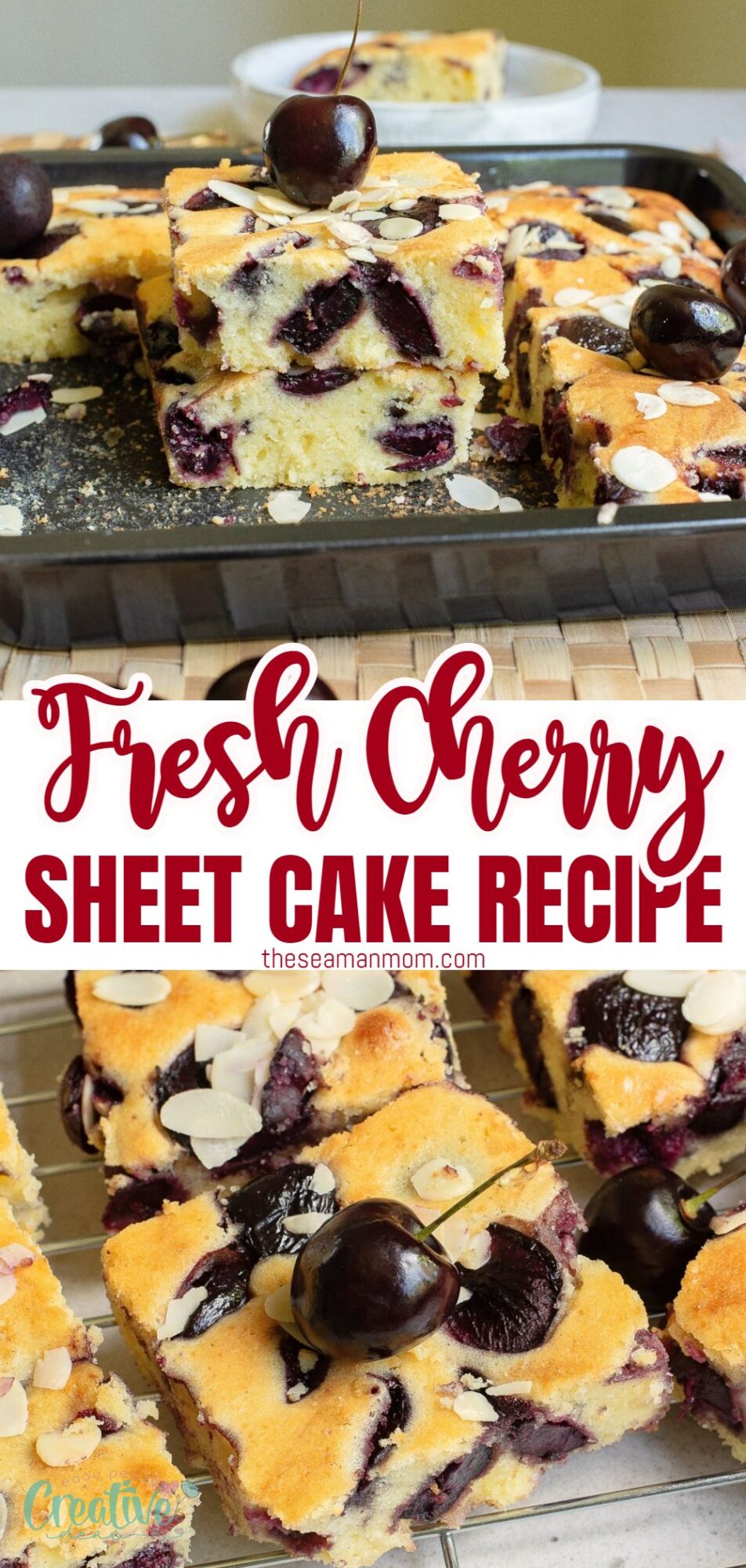 A delectable cherry sheet cake adorned with juicy cherries and crunchy almonds, a perfect treat for any occasion!