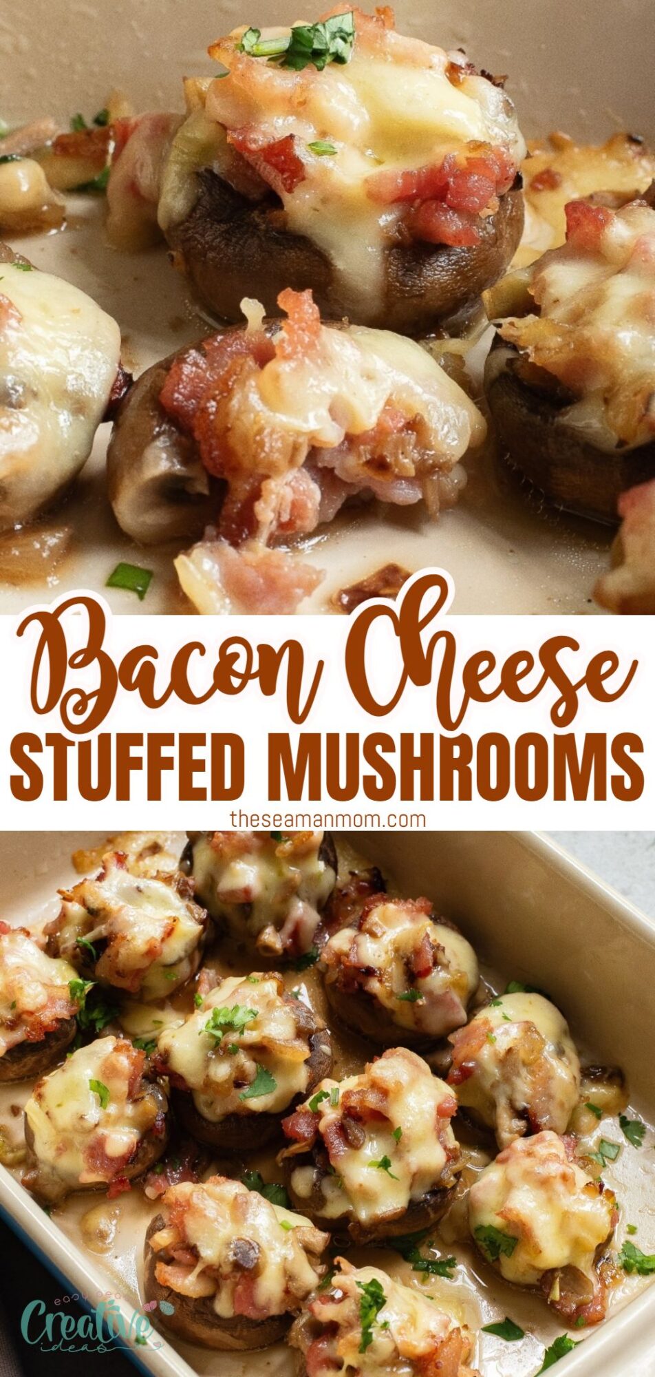 Bacon and cheese stuffed mushrooms: perfect appetizer to impress guests with savory bacon, gooey cheese, and earthy mushrooms.