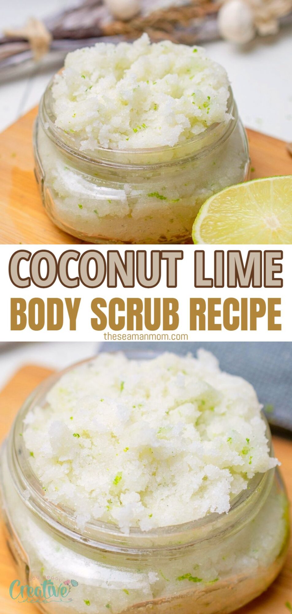 Homemade coconut lime body scrub recipe for glowing, smooth skin. Exfoliate with lime sugar scrub and moisturize with coconut oil.