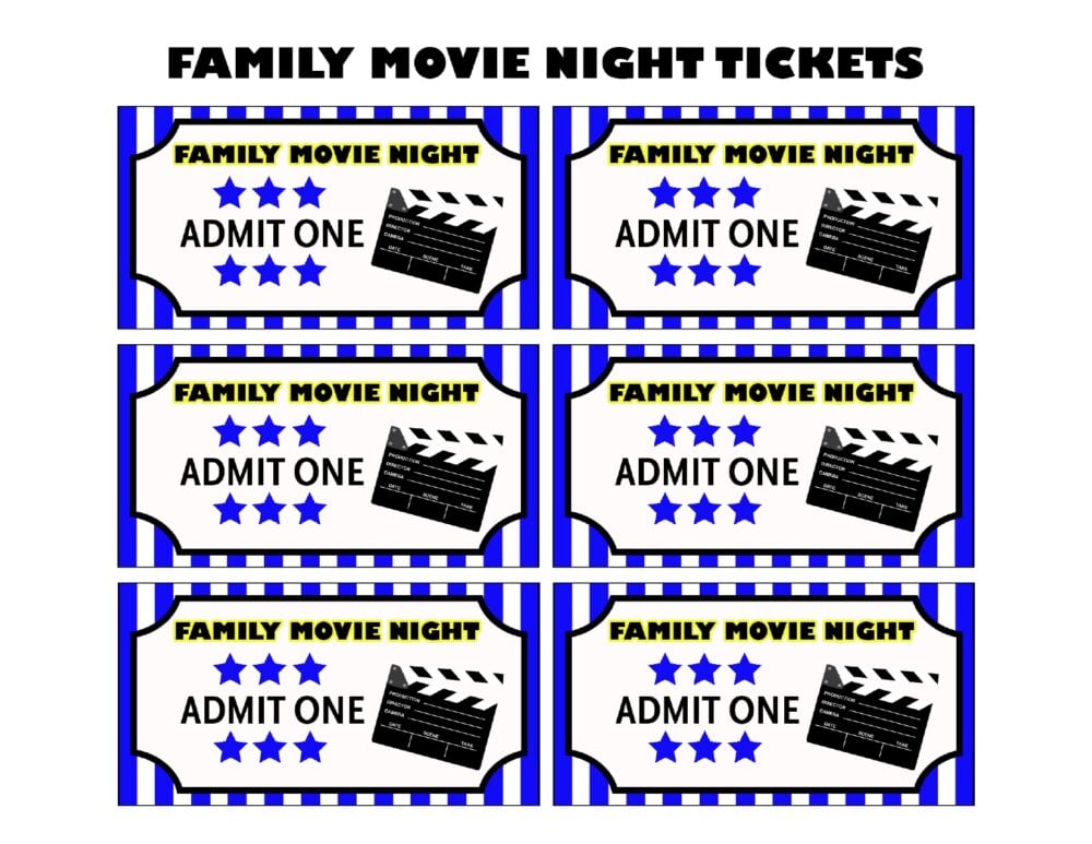 Free printable movie tickets for a fun family movie night. Grab your popcorn and get ready for a cozy evening together!