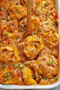 This yummy and easy baked tortellini recipe is not only healthy but easy and quite quick to put together with frozen tortellini.